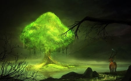 :) - goat, chinese zodiac, night, tree, frumusete, fantasy, world, green, luminos