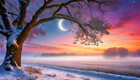 Lonely tree on the side of the winter road - egbolt, erdo, fak, havas, havas fak, ho, szines, taj, tajkep, tel, ut