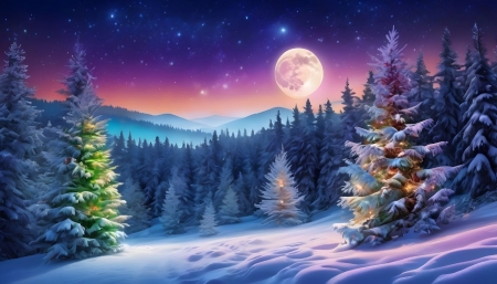 Winter pine forest - csillagos egbolt, ejszaka, havas, havas fak, hegy, ho, karacsonyfa, szines, tel, teli erdo, teli ut, telihold