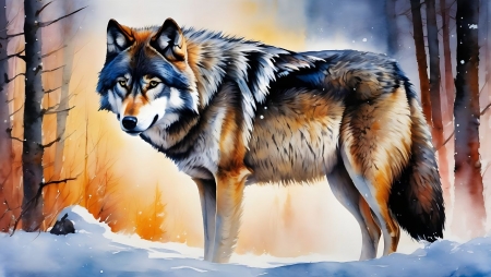 Wolf in the winter forest - erdo, fak, farkas, havas, ho, nezes, szines, tel