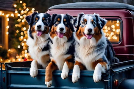 Australian Shepherds - ausztral juhaszkutyak, nezes, szemek, szorme, taj, teherauto, teli