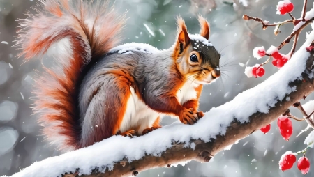 Squirrel on the winter tree branch - allat, aranyos, faag, havas erdo, havas faag, ho, kozelkep, mokus, piros bogyok, portre, tel, termeszet
