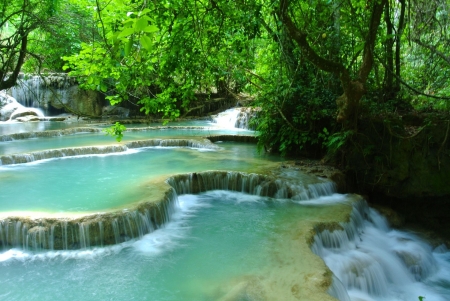 Waterfall - forest, laos, nature, river