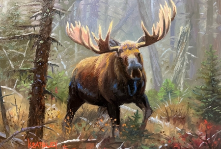 Challenger - artwork, deer, forest, moose, painting, trees