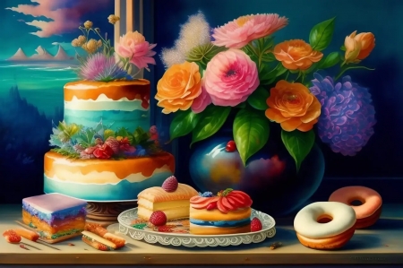 â¤ï¸ - bouquet, cake, dessert, flowers, vase