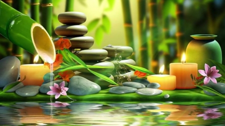 Spa still life - bamboo, candles, flowers, meditation, relaxing, stones