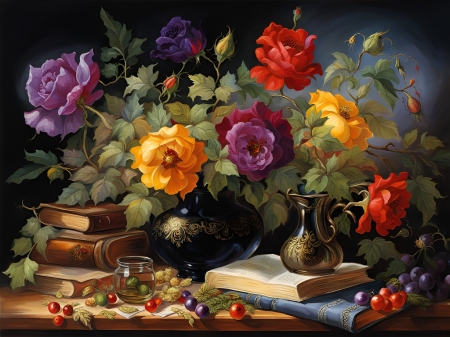 Still life - bogyok, csendelet, festeszet, gyumolcsok, konyvek, szines, szines viragok, uveg, vaza
