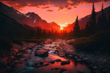 Sunset of the rocky Mountains of Canada - nature, river, sunset, valley