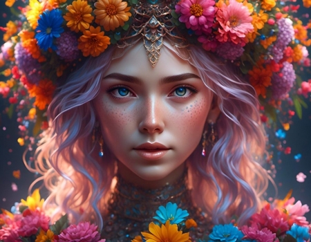 Beauty with a wreath - korona, kozelkep, lany, nezes, portre, szemek, szines, szines koszoru, viragok