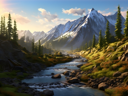 Sunset in the mountains - erdo, fak, folyo, havas hegyek, hegyek, kovek, napnyugta, tajkep, termeszet