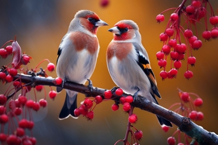 Birds in pairs - csor, faag, madarak, par, piros bogyok, szines, tollazat