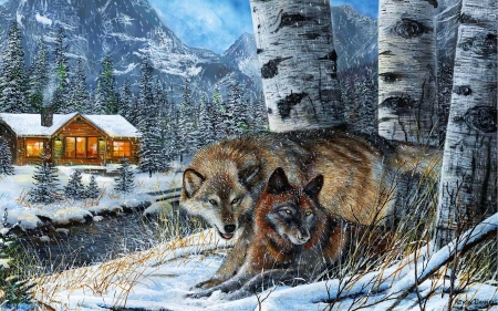 Wolves - artwork, house, painting, snow, trees, winter