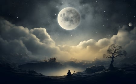 Moon - clouds, Moon, night, stars, AI art, tree