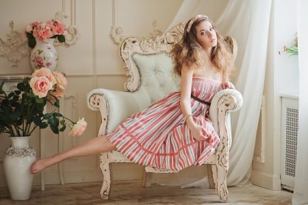 :) - woman, model, red, girl, dress, pink, chair