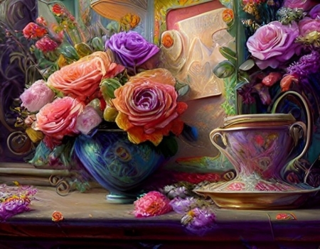 Bouquet of colorful roses - bouquet, painting, roses, table, vase