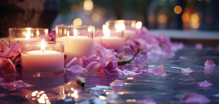 Lighting candles - candles, flowers, lights, pool, soft
