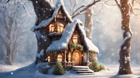 Snowdrops - forest, hut, light, snow, winter