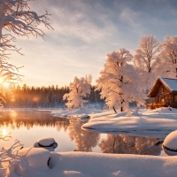 Cabin in Winter Nature