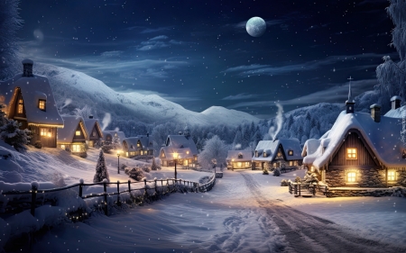 The Moon over the village - houses, moon, night, snow, winter