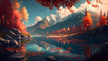 Beautiful autumn landscape with lake and mountains - autumn, lake, leaves, mountains, trees