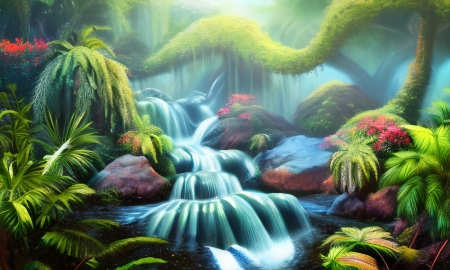 Tropical forest with waterfall - garden, painting, stream, tropics