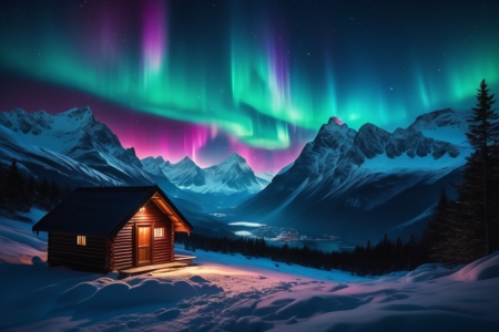 A mountain scene with aurora lights and a large hut