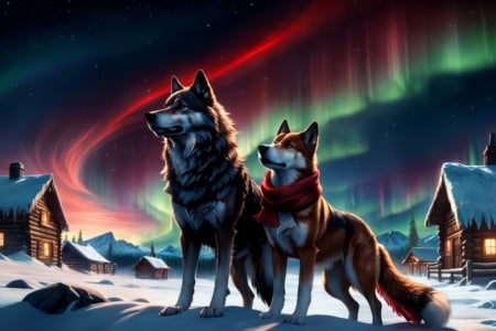 Balto is a half-wolf and her canine friend is Jenna - tel, havas, hazak, hegyek, kutya, ho, aurora borealis, farkas, eszaki feny