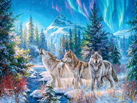 Morning Song - artwork, forest, mountains, painting, snow, trees, winter, wolves