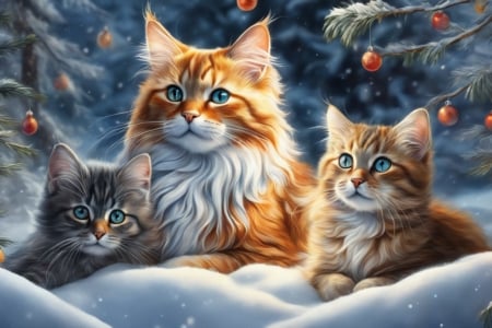 Cats in the snow - tel, havas, erdo, nezes, cicak, ho, bogyok, hazi kedvenc, fenyok, fekszenek a hoban