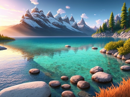 On the shore of the lake - egbolt, fenyok, havas hegyek, kovek, novenyzet, termeszet, to a hegyek kozott