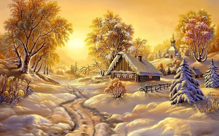 An winter morning - hut, painting, snow, winter
