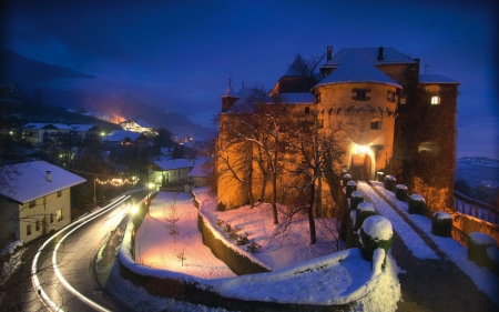 Schenna Castle - building, castle, christmas, city, history, holiday, italy, lights, medieval, night, schenna, snow, town, winter
