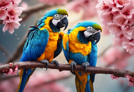 Blue and yellow macaw parrot on red cherry blossom branch