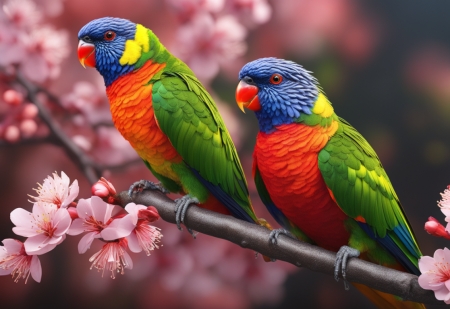 2 rainbow-lorikeet birds on a branch of red cherry blossoms - cseresznye virag, csor, madarak, papagaj, rozsaszin viragok, szines, szivarvany szinu, termeszet, tollazat, ules