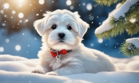 Maltese terrier Puppy - fekszik a hoban, fenyo, fenyo ag, havas, hazi kedvenc, ho, kiskutya, maltai, tel, terrier