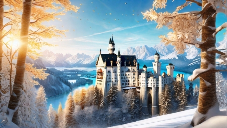 Winter scene - Neuschwanstein Castle  - Germany - fak, folyo, havas, hegyek, ho, kastely, napsutes, tel, termeszet