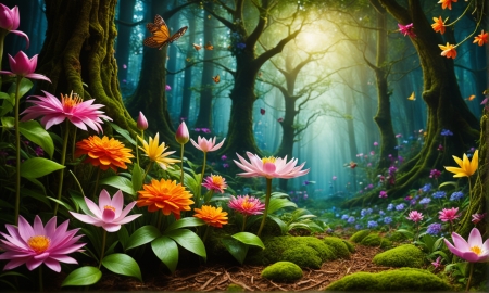 An enchanted magical forest scene - erdo, fak, moha, napsugarak, pillango, szines viragok, tavasz, termeszet, vadviragok