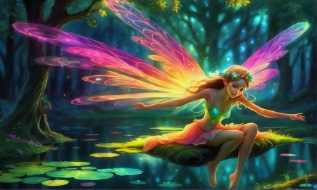 A magical fairy - bekes, erdo, fak, lumineszkaalo, szines, tavacska, tunder