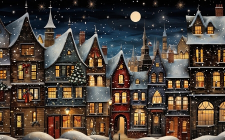 Winter Night in Town - ai art, houses, moon, night, town, winter