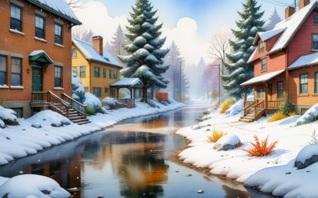 Houses by Winter River - river, winter, houses, spruces, AI art