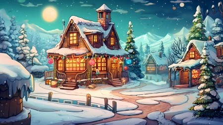 Winter village - christmas trees, light, moon, new year, snow, winter