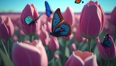 Butterflies flying over the pink tulips - field, meadow, morning, tulips