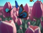 Butterflies flying over the pink tulips