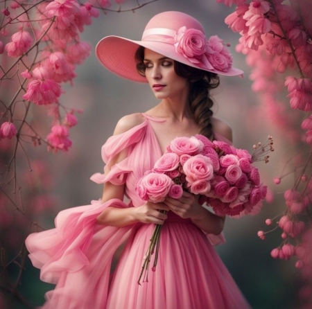 â¤ï¸ - beauty, bouquet, flowers, girl, hat, pink dress, portrait