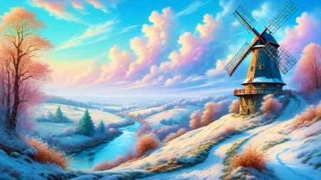 Windmill on a hill in winter - art, clouds, digital, landscape, river, sky, snow, trees