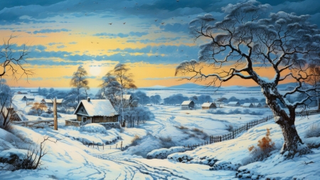 Beautiful Winter Scenery - artwork, clouds, colors, house, painting, sky, snow, sunrise, trees