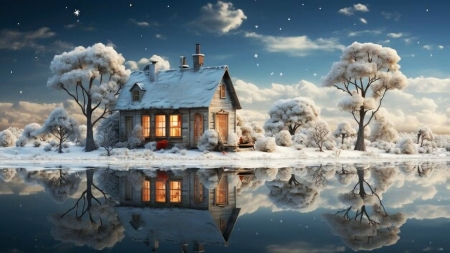 House at the river - artwork, digital, einter, reflections, snow, trees, water