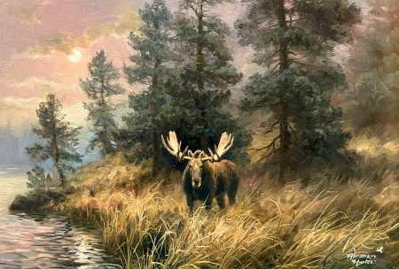 Lone Bull - artwork, clouds, moose, painting, river, sky, trees