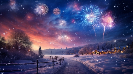 Winter night - Village, Winter, Lights, Christmas