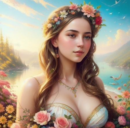 Goddess of summer - beauty, girl, painting, painting q, wreath
